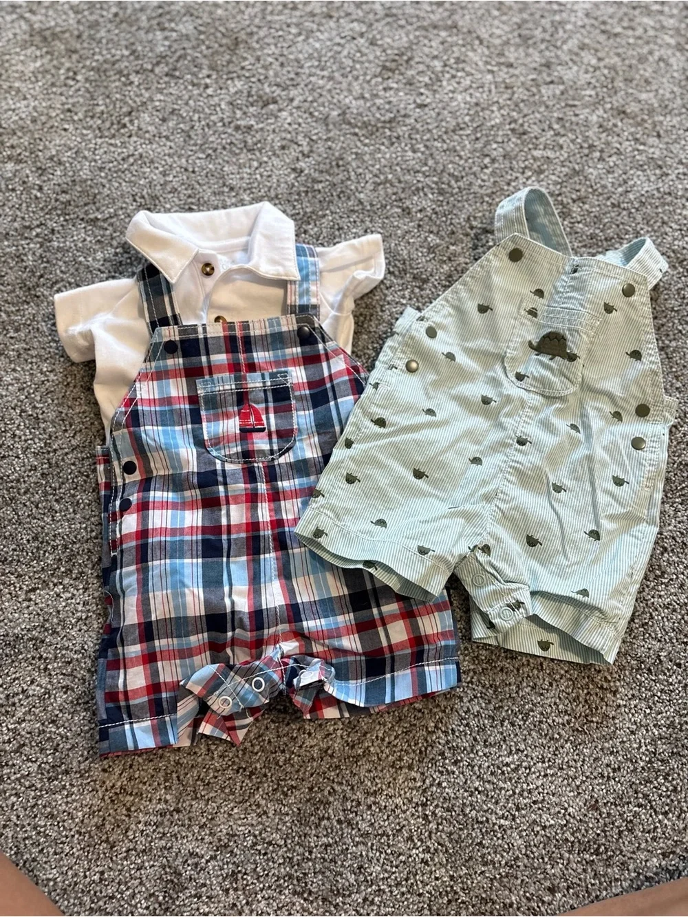 Baby Plaid Overalls Set with White Polo & Green Whale Shortalls